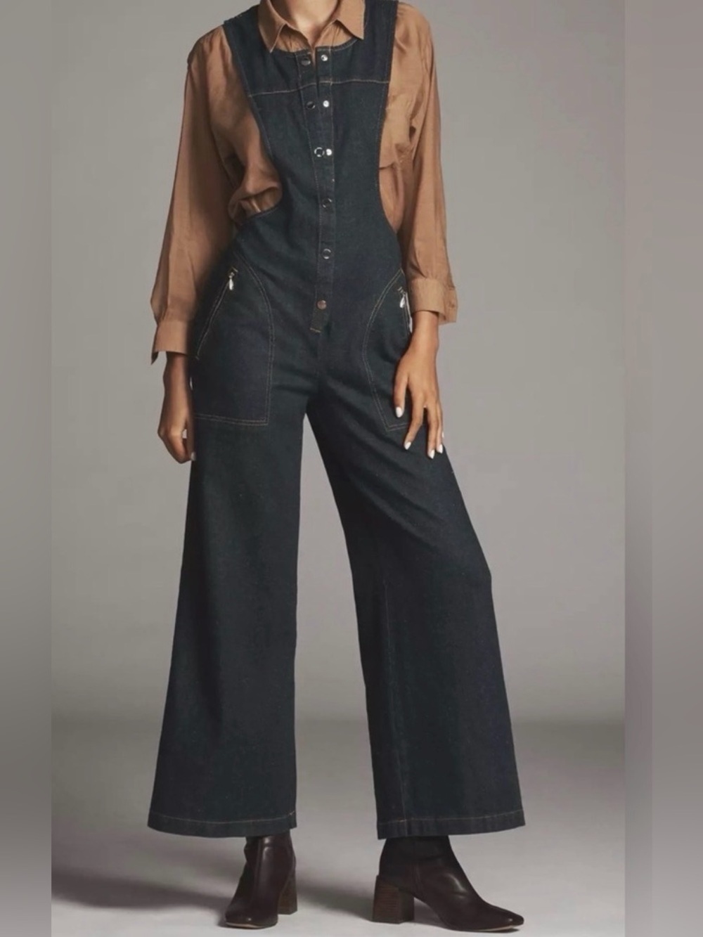 Maeve Dark Blue Wide-Leg Denim Overalls
